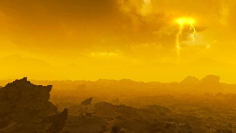 A digital artwork of the surface of Venus - a hostile rocky landscape is shrouded in yellow fog and clouds with electrical storms