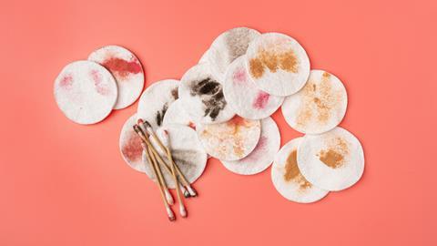 Pads and cotton buds with makeup that has been removed