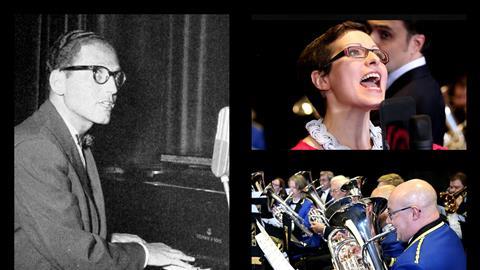 A composite image of Tom Lehrer, Helen Arney and the Waterbeach Brass band