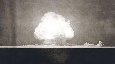 First Atomic Explosion on July 16, 1945. First Atomic Explosion on July 16, 1945. Photograph taken at 9 seconds after the initial Trinity detonation shows the Mushroom cloud. Manhattan Project. Alamogordo, New Mexico