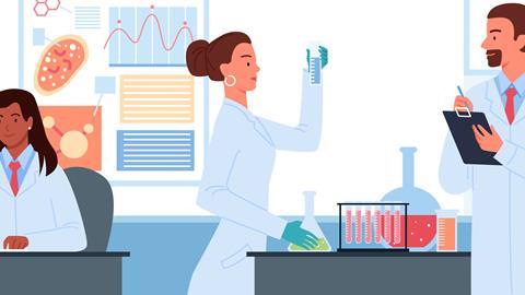 Illustration of scientists working on vaccine development in a laboratory