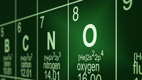 Showing oxygen on the periodic table. It has an atomic number of 8 and an atomic mass of 16.