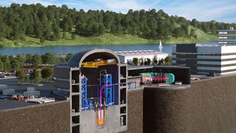 A digital model of a nuclear power station showing a particle accelerator next to the reactor