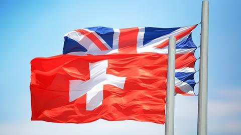 Swiss and UK flag fluttering in the wind side by side