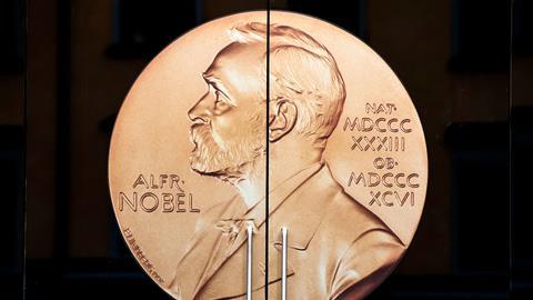 An image showing a set of doors engraved with the Nobel medal