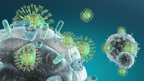 A 3D Illustration of Immune System cells attacking a HIV Virus