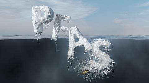An image showing the letters P, F, A and S, which stand for perfluorinated alkyl substances, sinking into water; a small fish can also be seen