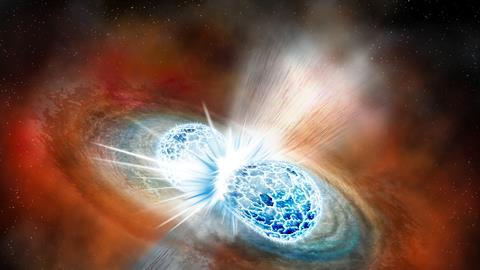 Artist’s concept of the explosive collision of two neutron stars