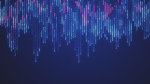 Abstract graphics show code on a blue screen cascading down from the top in rows