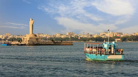 Lake Hussain Sagar and Hyderabad city skyline, Hyderabad, India