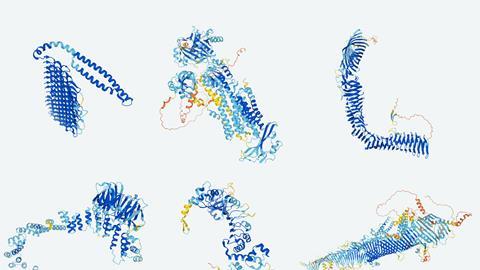 An image of six protein structures appearing as blue and teal coloured helices and swirly patterns