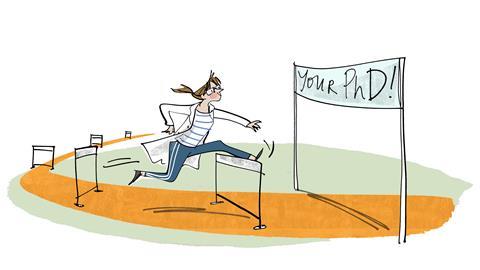 An image showing a female character jumping over obstacles to go past an end line that reads "Your PhD"