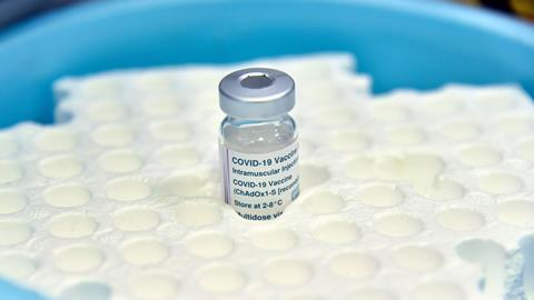 An image showing a single vial of AstraZeneca's Covid vaccine sitting in a plastic tray