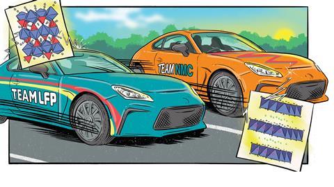 Two racing cars a comicbook style. One is racing for Team LFP and the other is for Team NMC