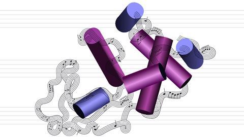 An image showing the conversion of the structure of a protein molecule into a musical passage