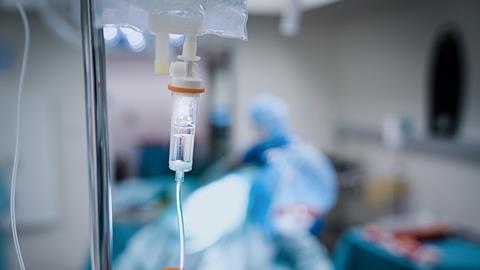 A photo of an IV drip in a hospital