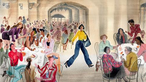 Woman moving from one table to another in a restaurant