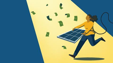 Woman catching money with solar panel