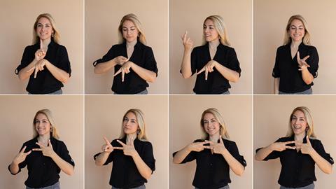 Woman demonstrating sign language in chemistry