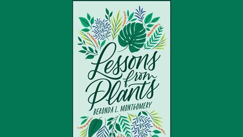 An image showing the book cover, which features a number of leaf illustrations arranged around the words 'Lessons from Plants' in the centre on a light green background