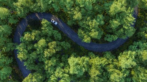 汽车行驶在蜿蜒的森林道路上，从高处俯瞰