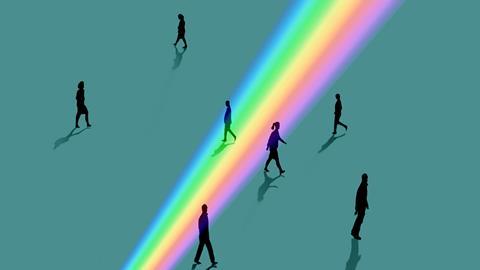An image showing silhouetted people stepping in and out of a beam of rainbow
