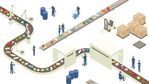 Image shows illustration of a manufacturing production line