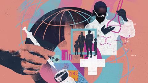 An illustration overlaying a globe, a syringe, a scientist and a family