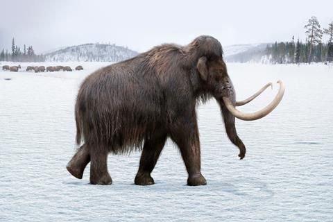 An image of a furry elephant-like creature walking across a snowy landscape