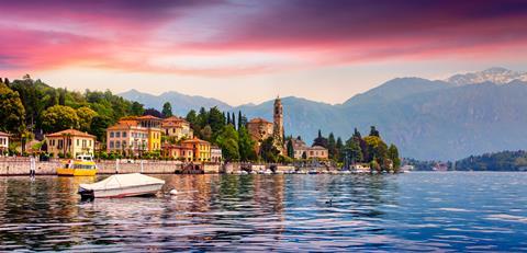 A photograph of Mezzegra town on Lake Como, Lombardy, Italy