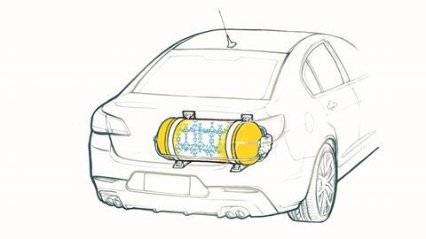 An illustration showing the back of a car with a hydrogen storage tank which shows a cutout that reveales a MOF structure