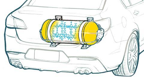An illustration showing the back of a car with a hydrogen storage tank which shows a cutout that reveales a MOF structure