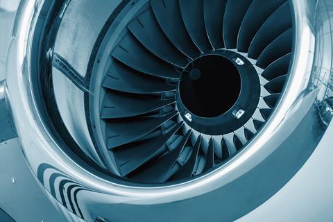 Close up image of a jet engine