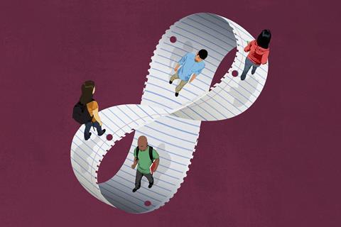 An illustration showing students walking in an infinity loop