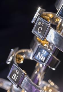 A closeup image of the silver element of the periodic table sculpture 
