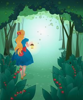 Vector illustration of Alice in wonderland with lantern on background of fairy forest