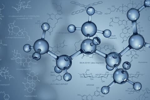 ChemDraw diagrams and a glass-like molecule model