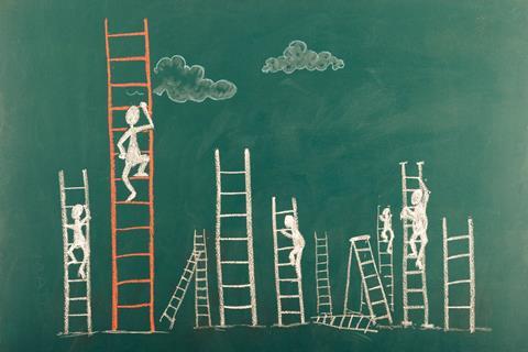 Stick figures climbing ladder