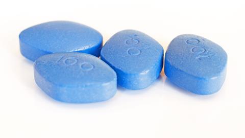 Unbranded blue pills for erectile dysfunction treatment. Possibly sildenafil citrate, marketed as Viagra.