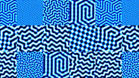 An image showing multiple squares of different blue and white patterns. Some of them are simple stripes while others form regular labyrinthine forms