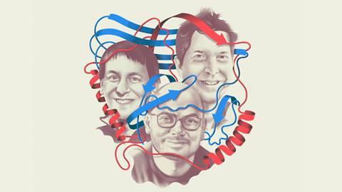 Portraits of David Baker, Demis Hassabis and John Jumper surrounded by red and blue protein alpha-helices and beta-sheets