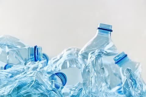 Image shows recycled PET water bottles
