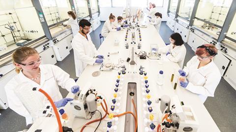 Undergraduate students working in new Synthetic Chemistry teaching lab, at Lancaster University - Hero