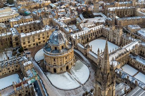 An image showing an aerial shot of Oxford University