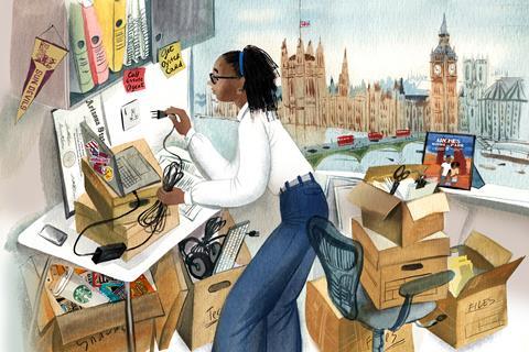 Woman inside a messy office unpacking her boxes; a view of London can be seen from the window