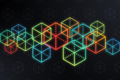 Cube Blockchain Abstract. Blockchain and cryptocurrency dark isometric cubes background.