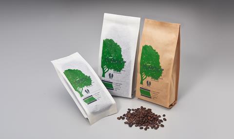 Image shows coffee beans and packets of the the product