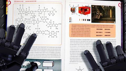An image showing robot arms over a chemistry textbook written as strings of 1 and 0