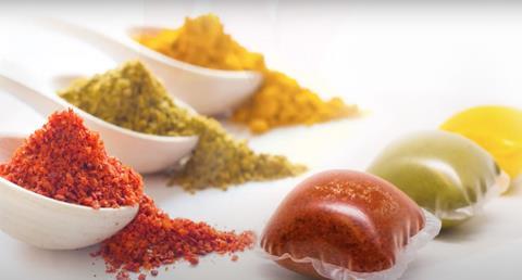 Image shows natural polymer pods filled with spices
