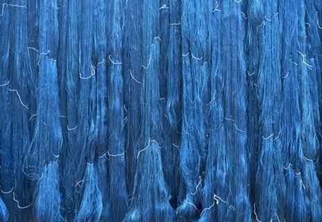 Blue dyed silk, drying
